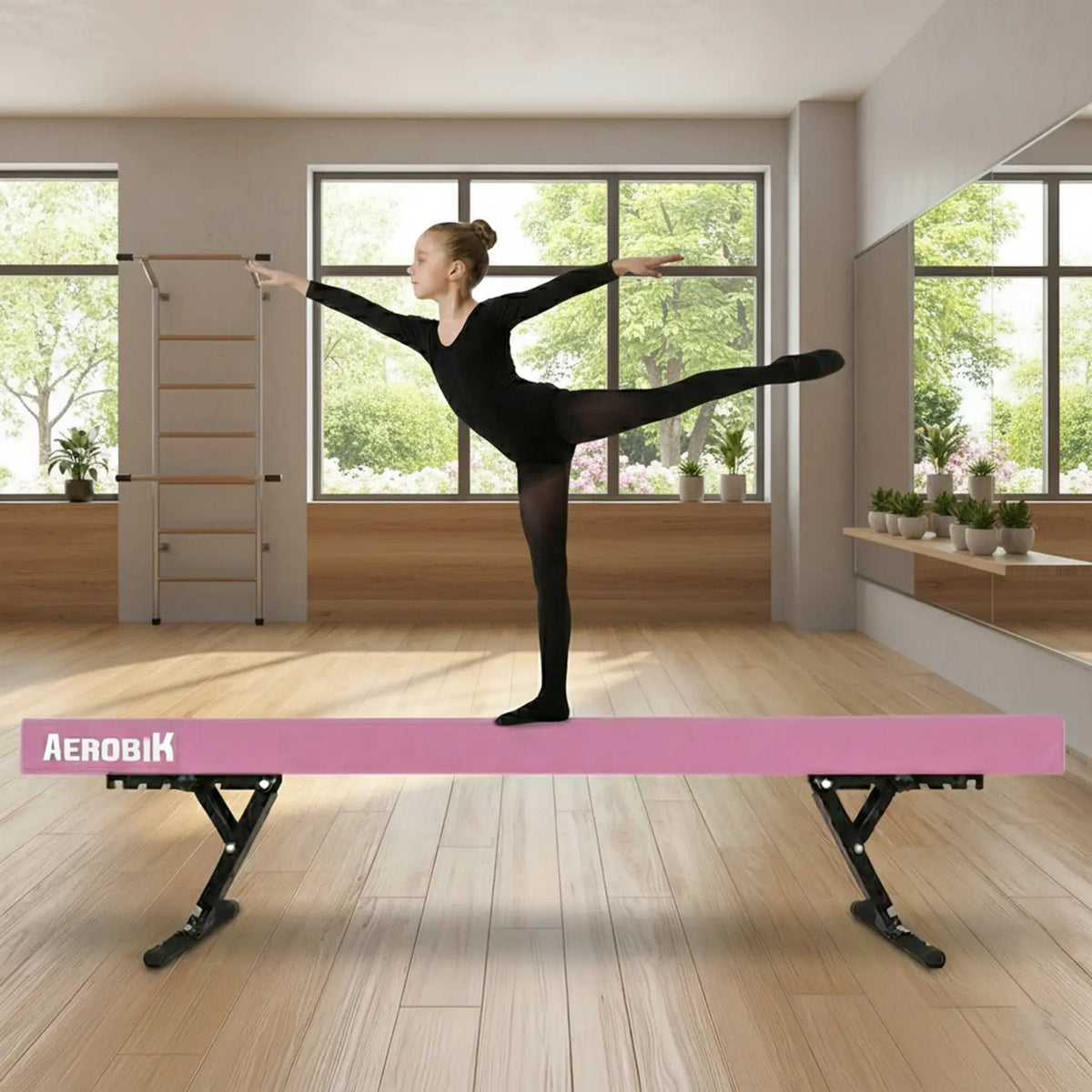 Poutre de Gymnastique Haute Enfant Aerobik® Rose - 5 Hauteurs Réglables 244 cm Velours
