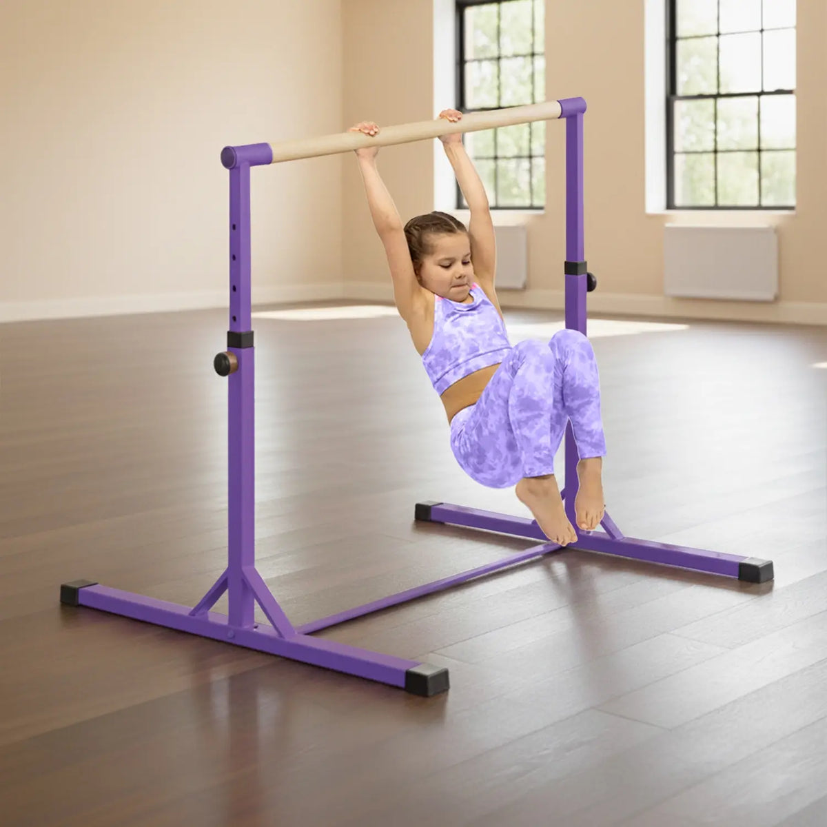 Barre Fixe de Gymnastique Enfant Violette - Hauteur Réglable 90 à 150 cm avec Anneaux Inclus
