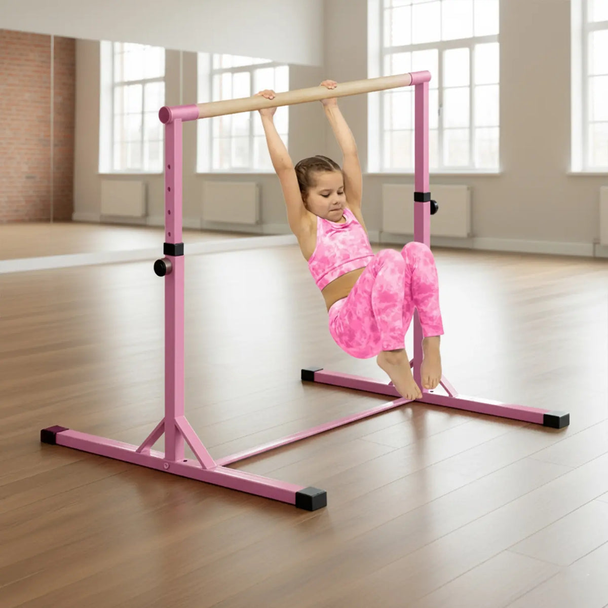 Barre Fixe de Gymnastique Enfant Rose - Hauteur Réglable 90 à 150 cm avec Anneaux Inclus