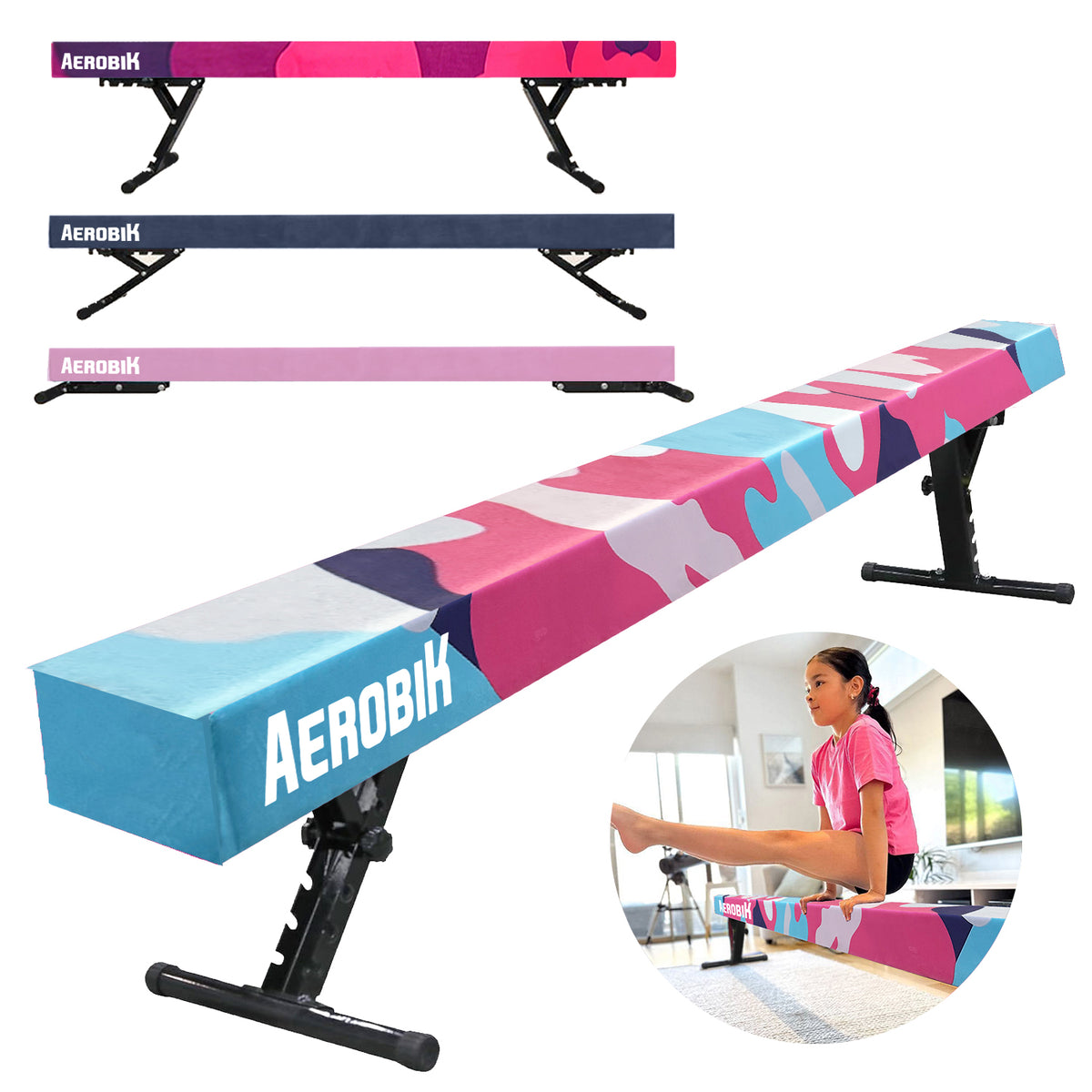 Poutre de Gymnastique Haute Enfant Aerobik® Camouflage - 5 Hauteurs Réglables 244 cm