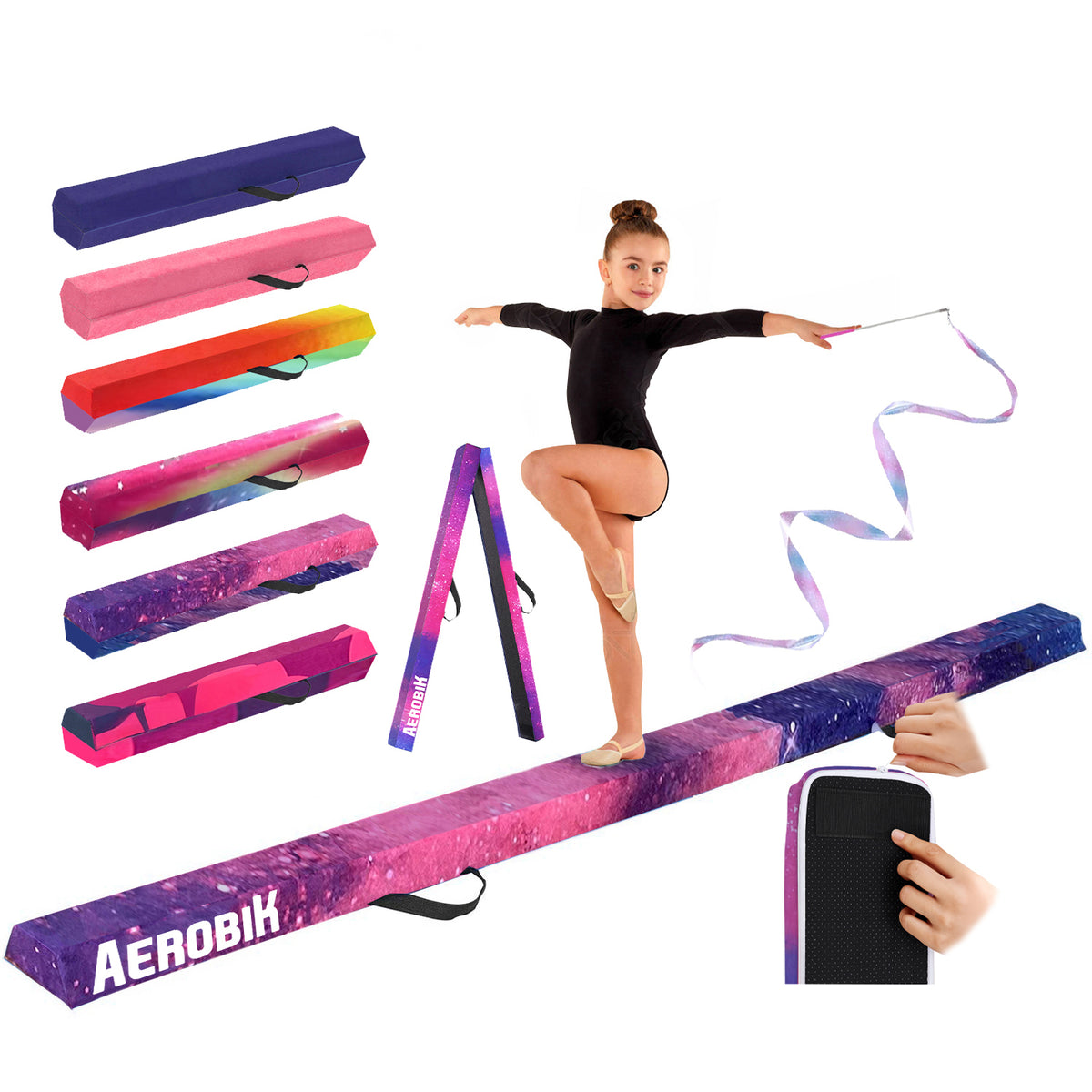Poutre de Gymnastique Pliable Enfant Aerobik® Galaxy - Mousse EPE 240 cm avec Housse Lavable