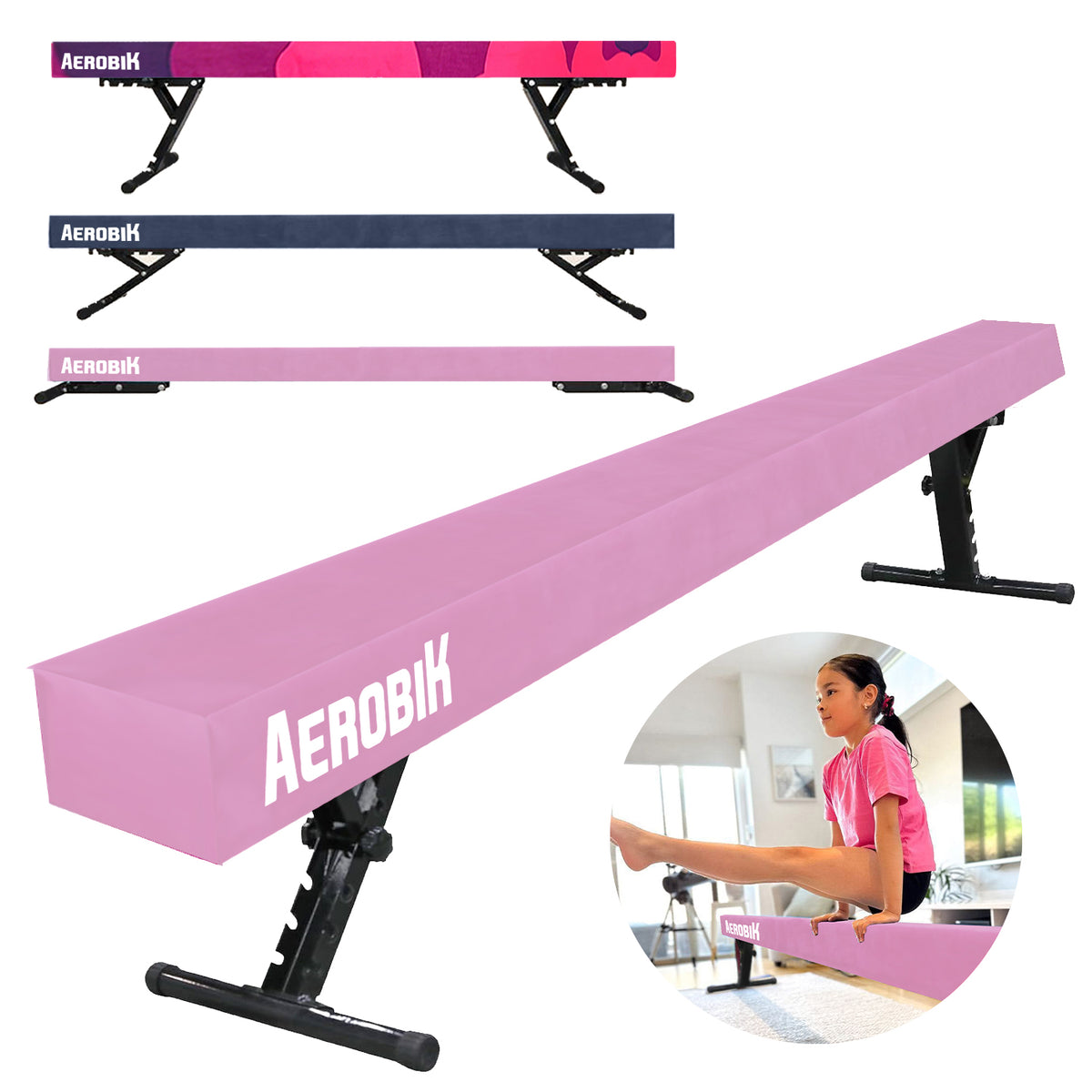 Poutre de Gymnastique Haute Enfant Aerobik® Rose - 5 Hauteurs Réglables 244 cm Velours