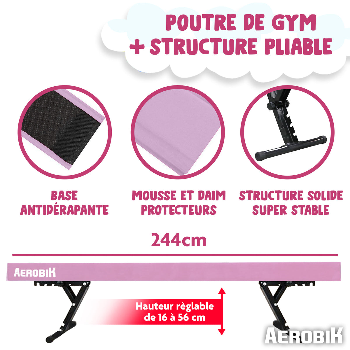 Poutre de Gymnastique Haute Enfant Aerobik® Rose - 5 Hauteurs Réglables 244 cm Velours