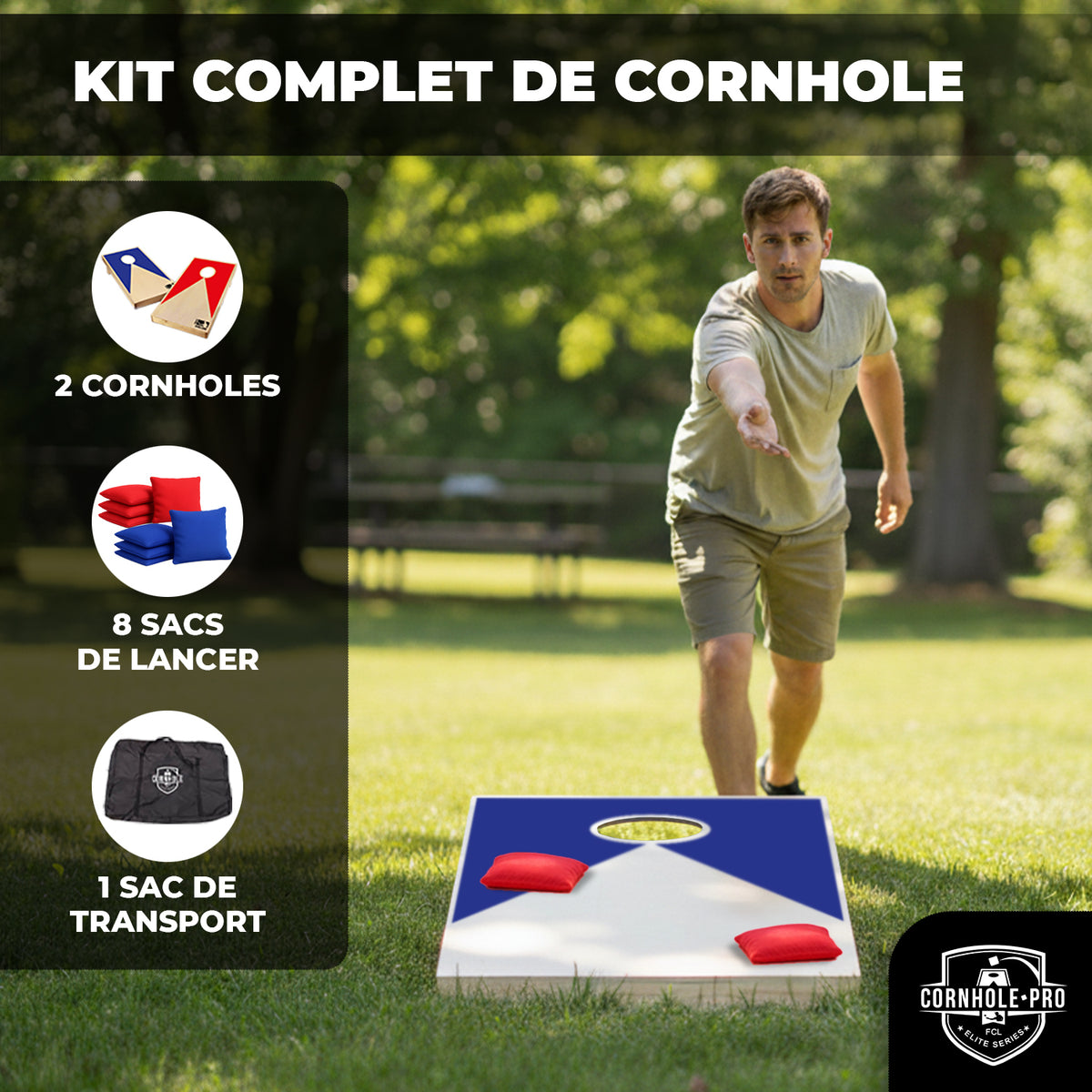 Jeu de Cornhole en Bois Rouge & Bleu - Plateau d'Adresse Extérieur & Intérieur 90 x 60 cm