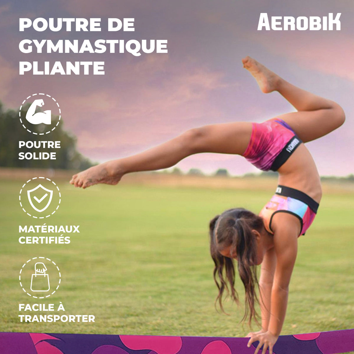 Poutre de Gymnastique Pliable Enfant Aerobik® Mix - Mousse Haute Densité 240 cm Violet & Rose