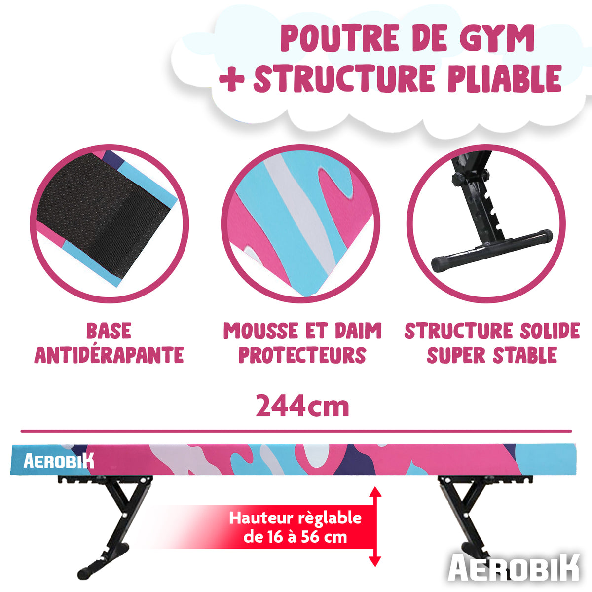 Poutre de Gymnastique Haute Enfant Aerobik® Camouflage - 5 Hauteurs Réglables 244 cm