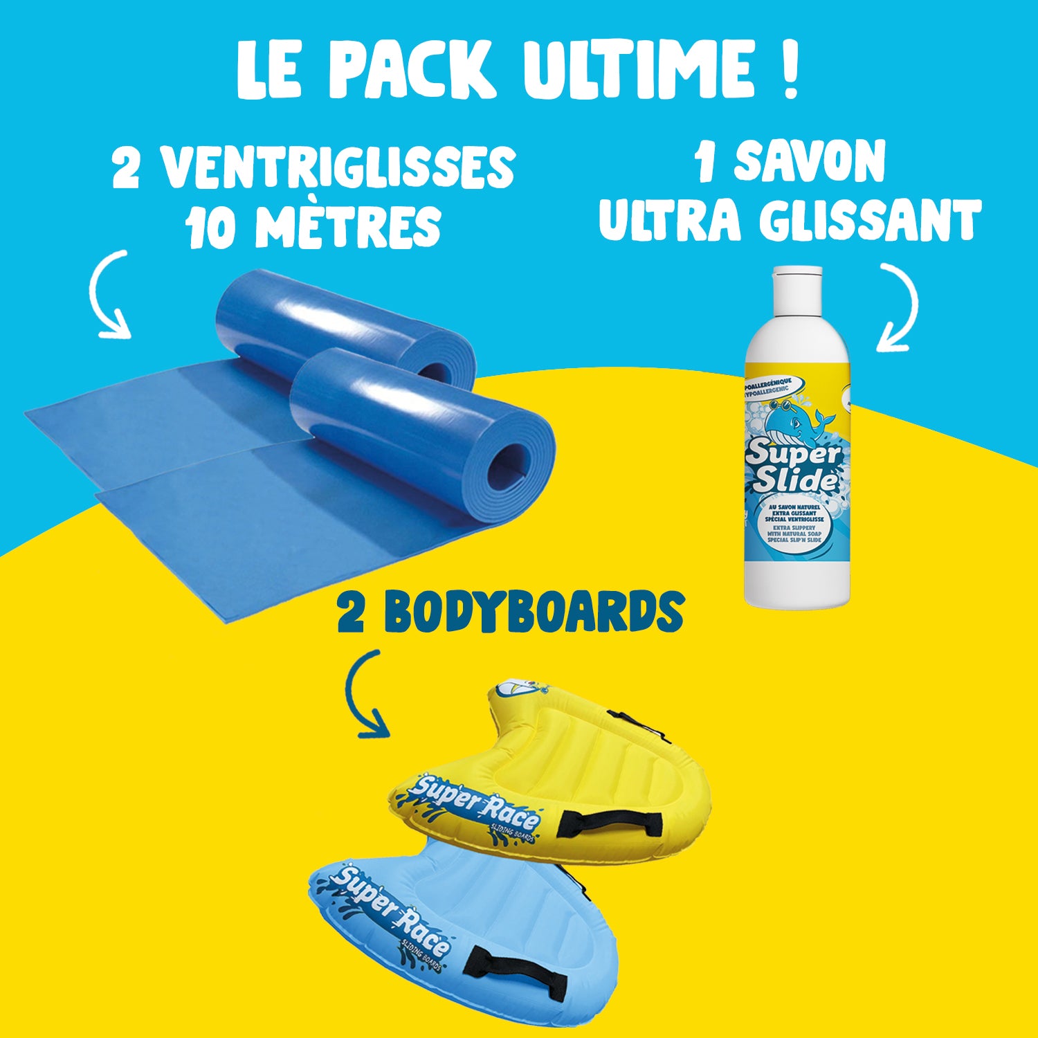 Pack Ventriglisse - 2 Tapis de Glisse 10 Mètres + 2 Planches Bodyboard + 1 Litre Savon Naturel