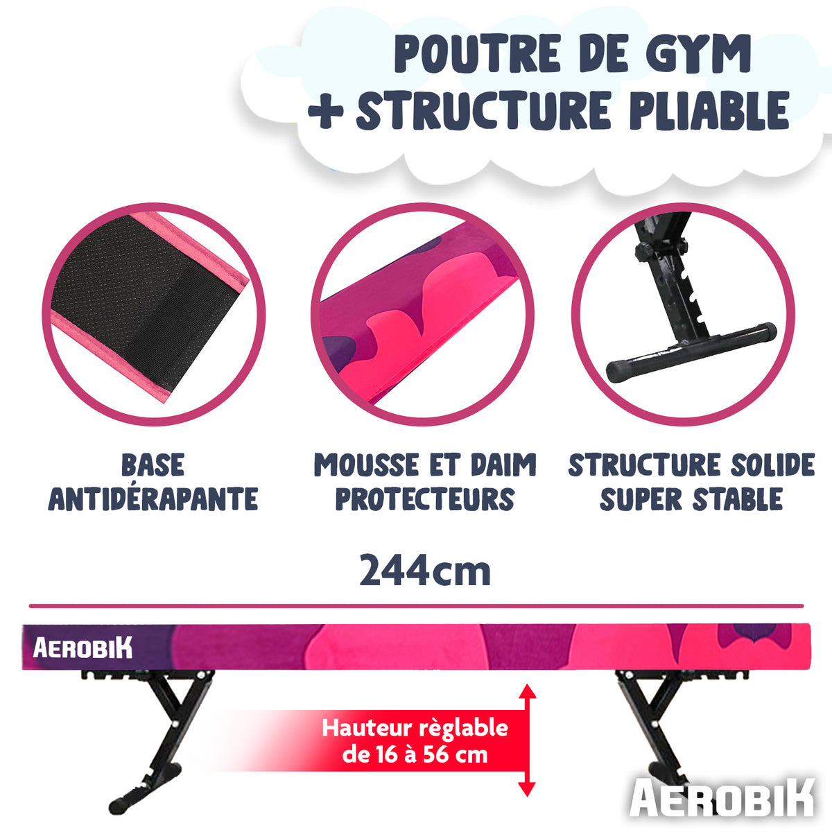 Poutre de Gymnastique Haute Enfant Aerobik® Mix - 5 Hauteurs Réglables 244 cm Velours