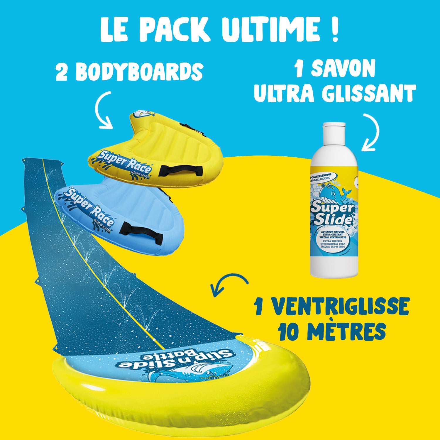 Pack Ventriglisse - 1 Tapis de Glisse Double Piste 10 Mètres + 2 Bodyboards + 1 Litre Savon Naturel