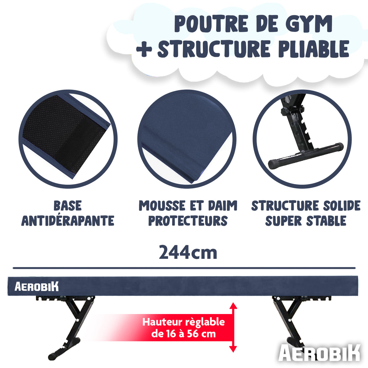 Poutre de Gymnastique Haute Enfant Aerobik® Bleu - 5 Hauteurs Réglables 244 cm Velours