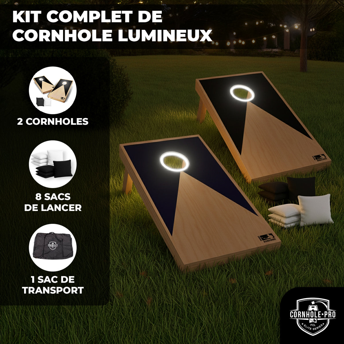 Jeu de Cornhole en Bois Lumineux avec LEDs - Plateaux de Lancer Nocturnes 90 x 60 cm