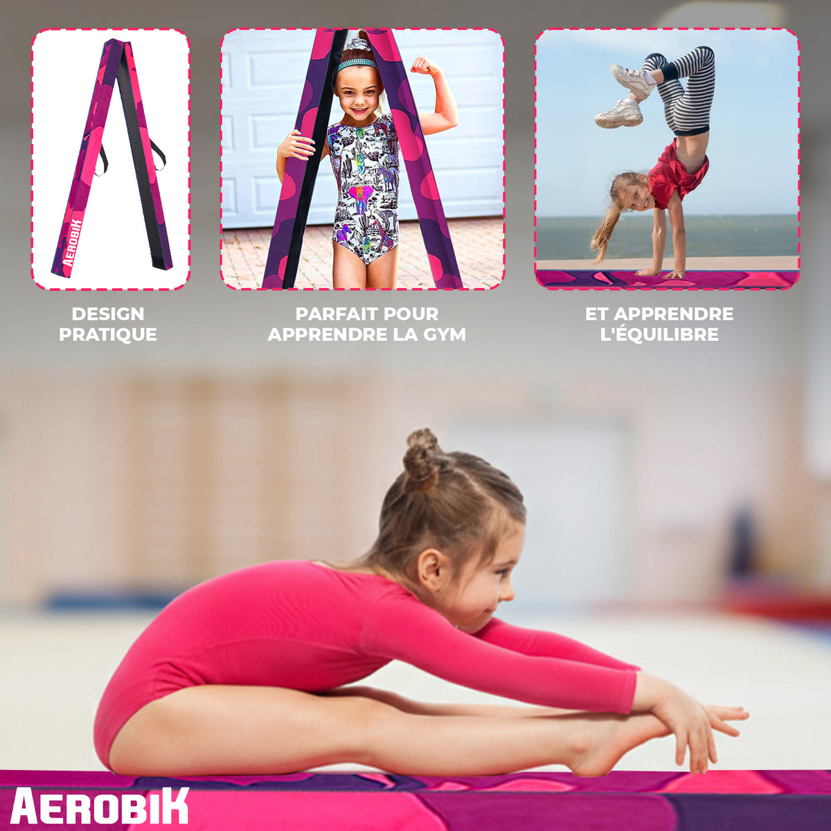 Poutre de Gymnastique Pliable Enfant Aerobik® Mix - Mousse Haute Densité 240 cm Violet & Rose