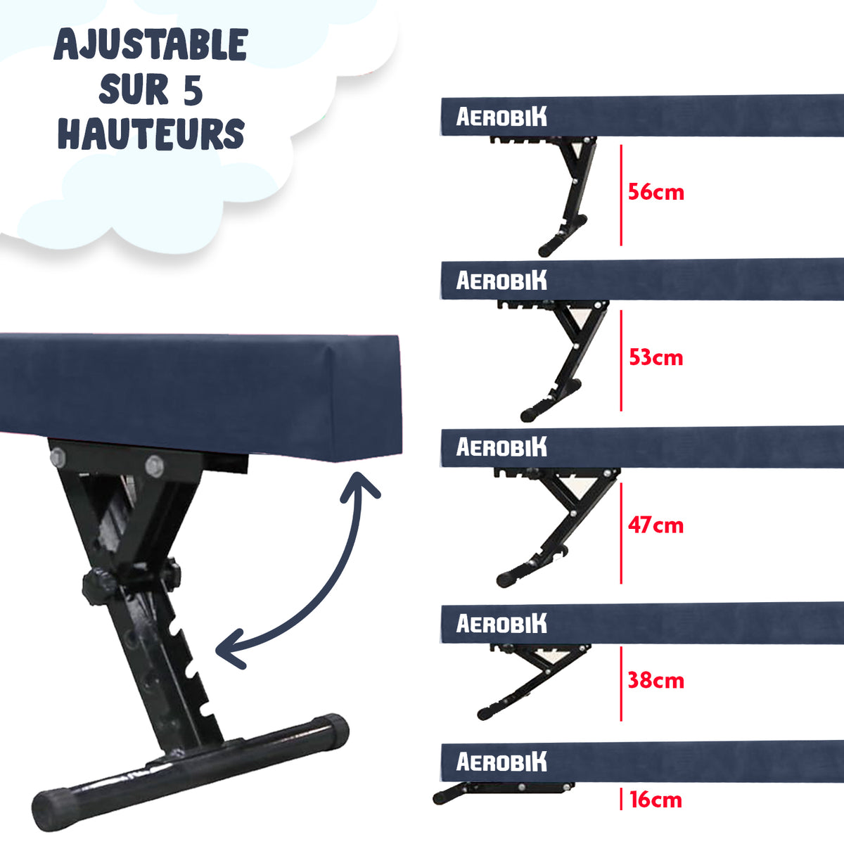 Poutre de Gymnastique Haute Enfant Aerobik® Bleu - 5 Hauteurs Réglables 244 cm Velours