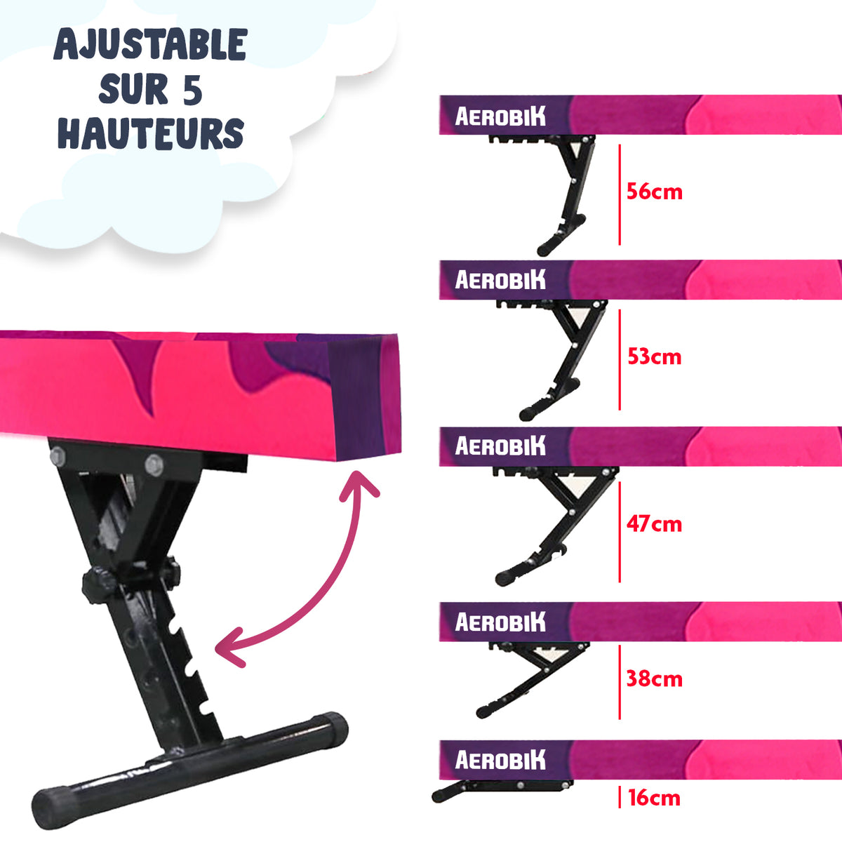 Poutre de Gymnastique Haute Enfant Aerobik® Mix - 5 Hauteurs Réglables 244 cm Velours