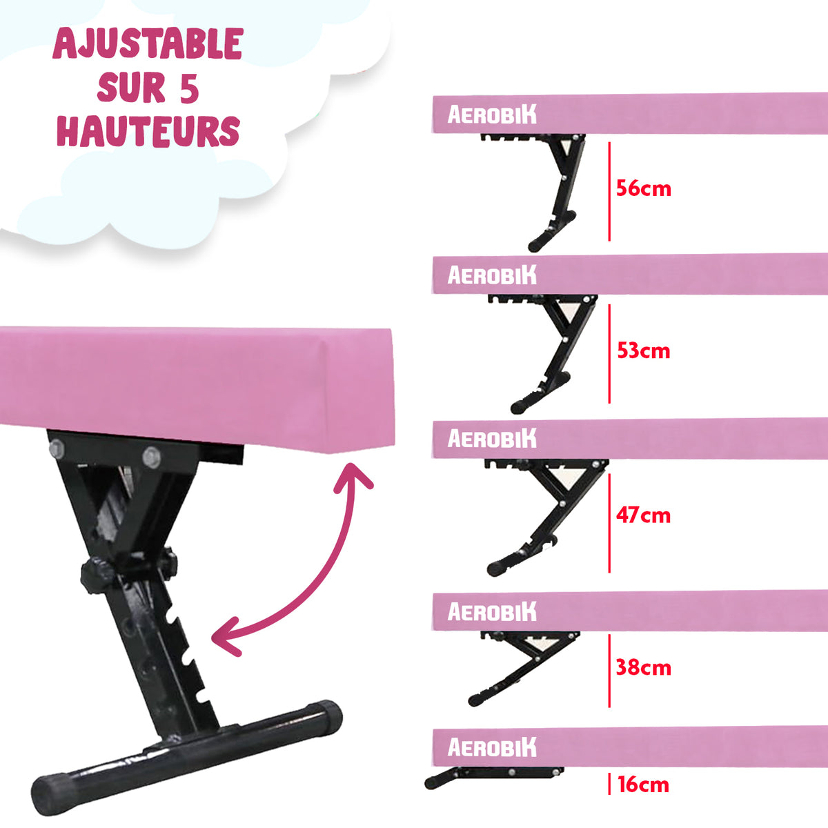 Poutre de Gymnastique Haute Enfant Aerobik® Rose - 5 Hauteurs Réglables 244 cm Velours