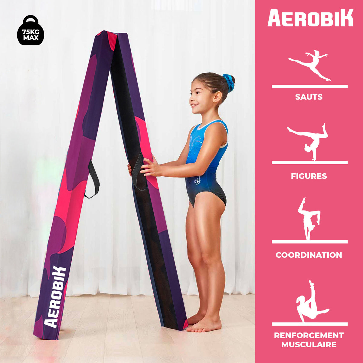Poutre de Gymnastique Pliable Enfant Aerobik® Mix - Mousse Haute Densité 240 cm Violet & Rose