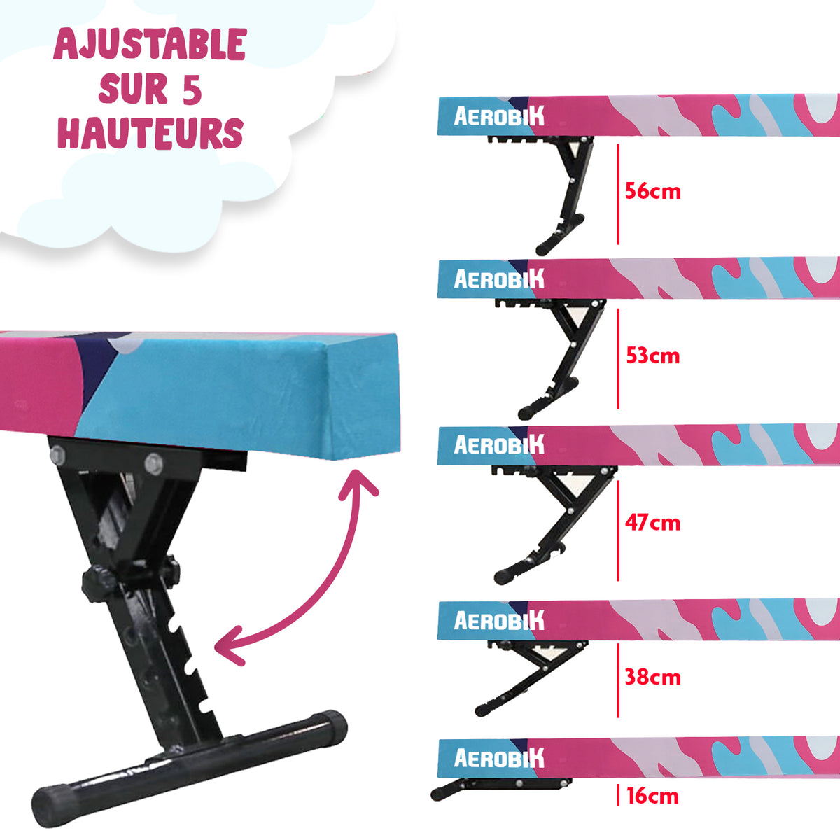 Poutre de Gymnastique Haute Enfant Aerobik® Camouflage - 5 Hauteurs Réglables 244 cm