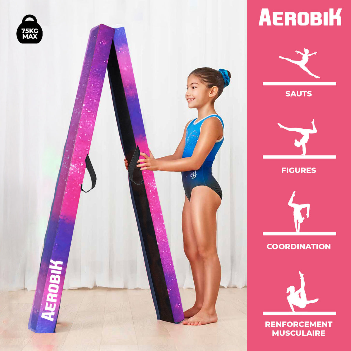 Poutre de Gymnastique Pliable Enfant Aerobik® Galaxy - Mousse EPE 240 cm avec Housse Lavable