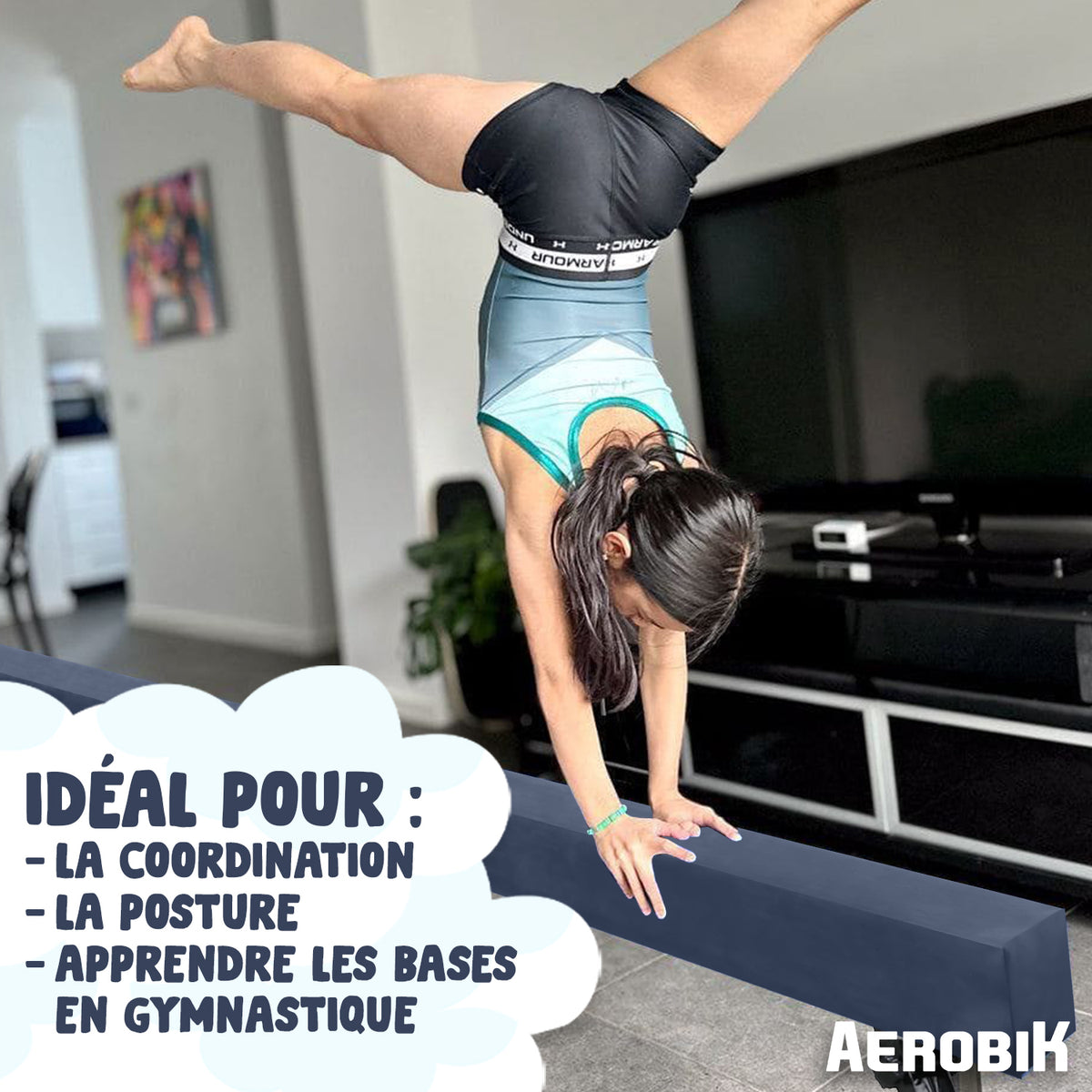 Poutre de Gymnastique Haute Enfant Aerobik® Bleu - 5 Hauteurs Réglables 244 cm Velours