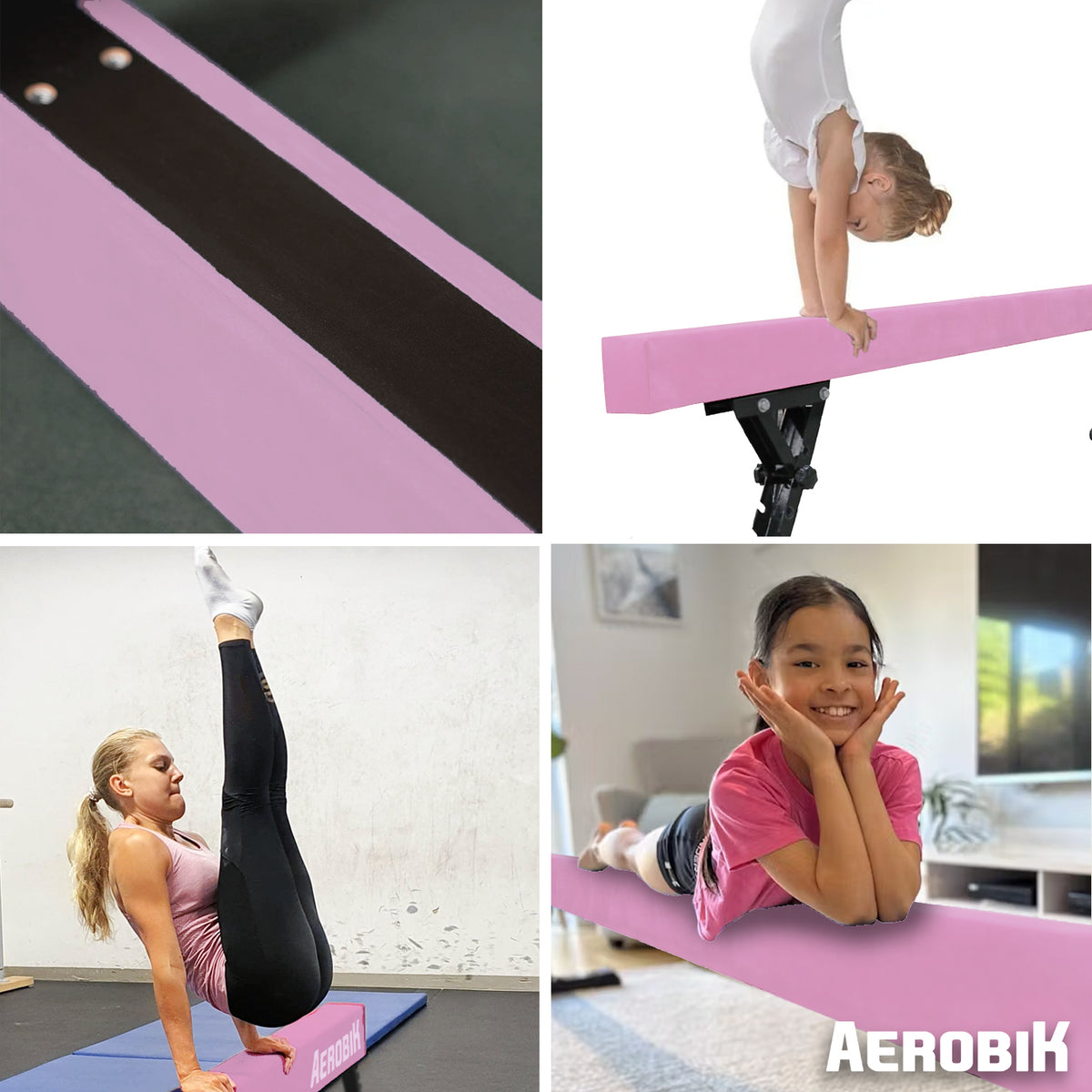 Poutre de Gymnastique Haute Enfant Aerobik® Rose - 5 Hauteurs Réglables 244 cm Velours