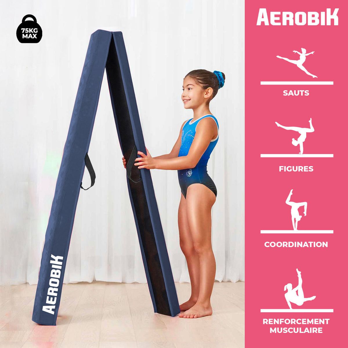 Poutre de Gymnastique Pliable Enfant Aerobik® Bleu Roi - Mousse Haute Densité 240 cm