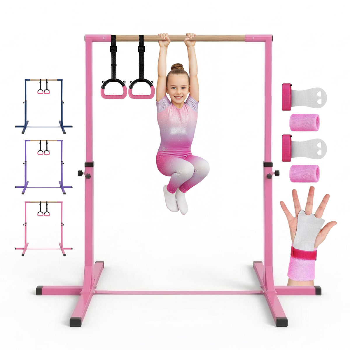 Barre Fixe de Gymnastique Enfant Rose - Hauteur Réglable 90 à 150 cm avec Anneaux Inclus