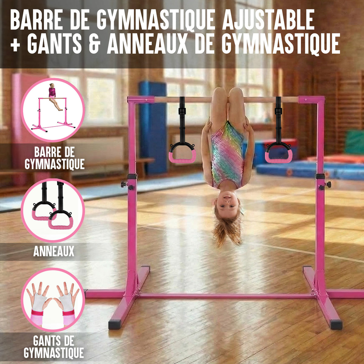 Barre Fixe de Gymnastique Enfant Rose - Hauteur Réglable 90 à 150 cm avec Anneaux Inclus