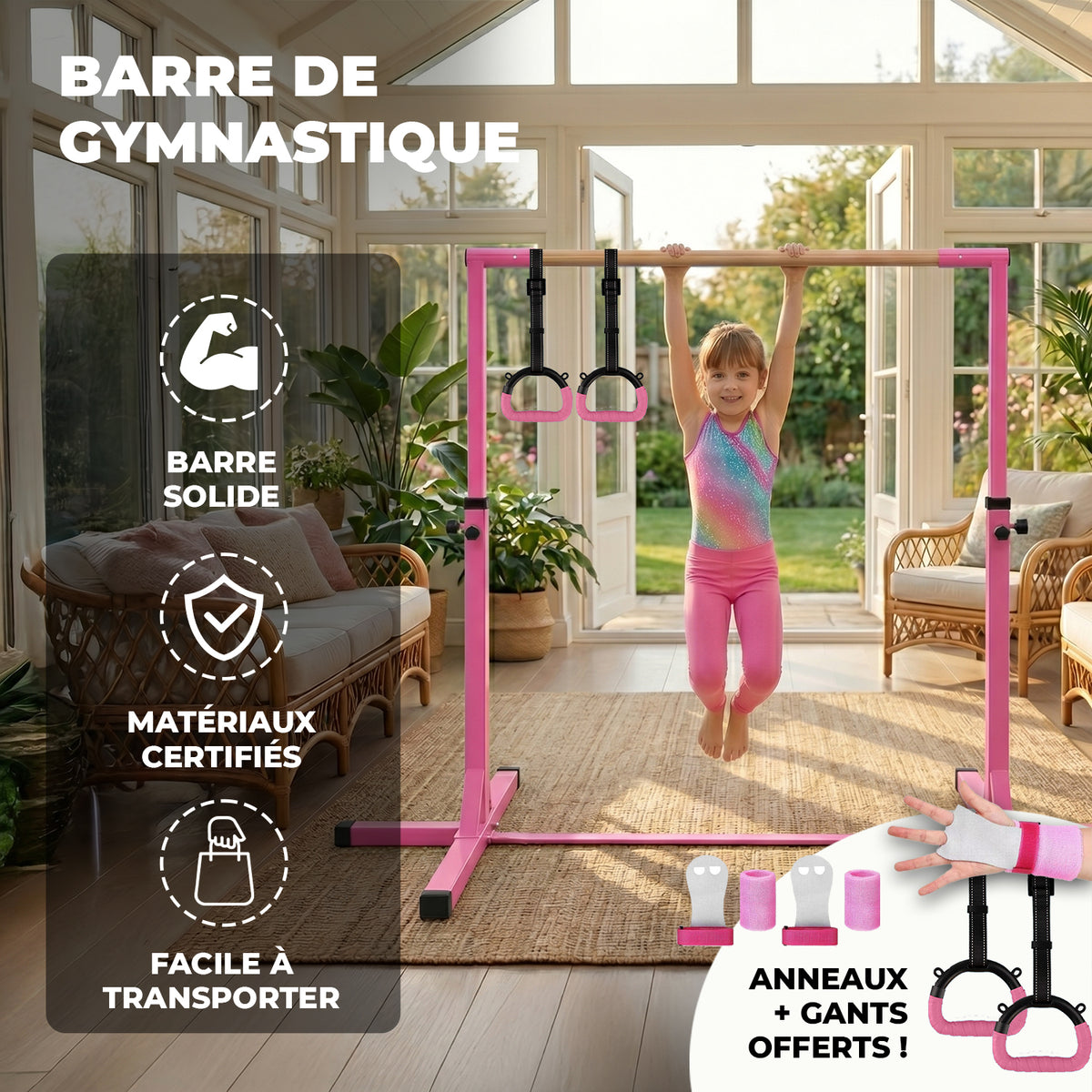 Barre Fixe de Gymnastique Enfant Rose - Hauteur Réglable 90 à 150 cm avec Anneaux Inclus