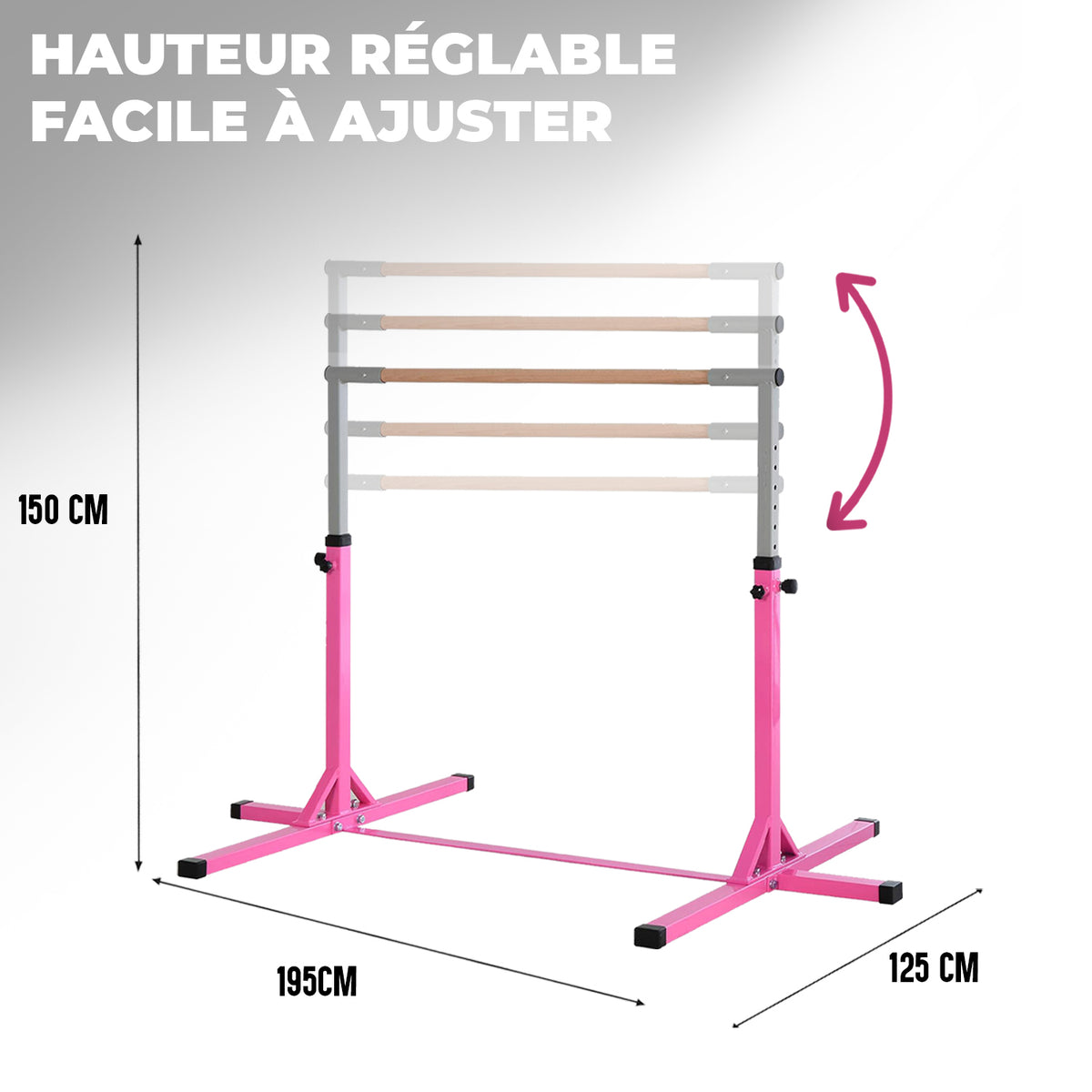 Barre Fixe de Gymnastique Enfant Rose - Hauteur Réglable 90 à 150 cm avec Anneaux Inclus