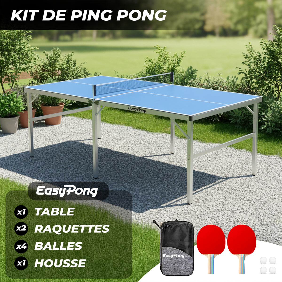 Table de Ping-Pong Pliable EasyPong® Bleu - Format Compact 182 x 91 cm avec Raquettes & Balles