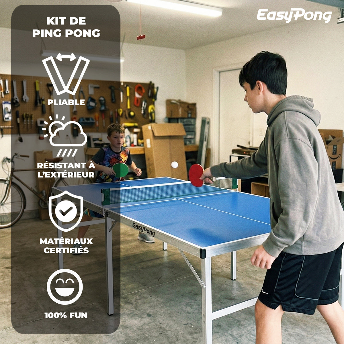 Table de Ping-Pong Pliable EasyPong® Bleu - Format Compact 182 x 91 cm avec Raquettes & Balles