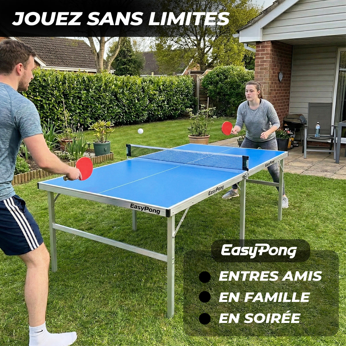 Table de Ping-Pong Pliable EasyPong® Bleu - Format Compact 182 x 91 cm avec Raquettes & Balles
