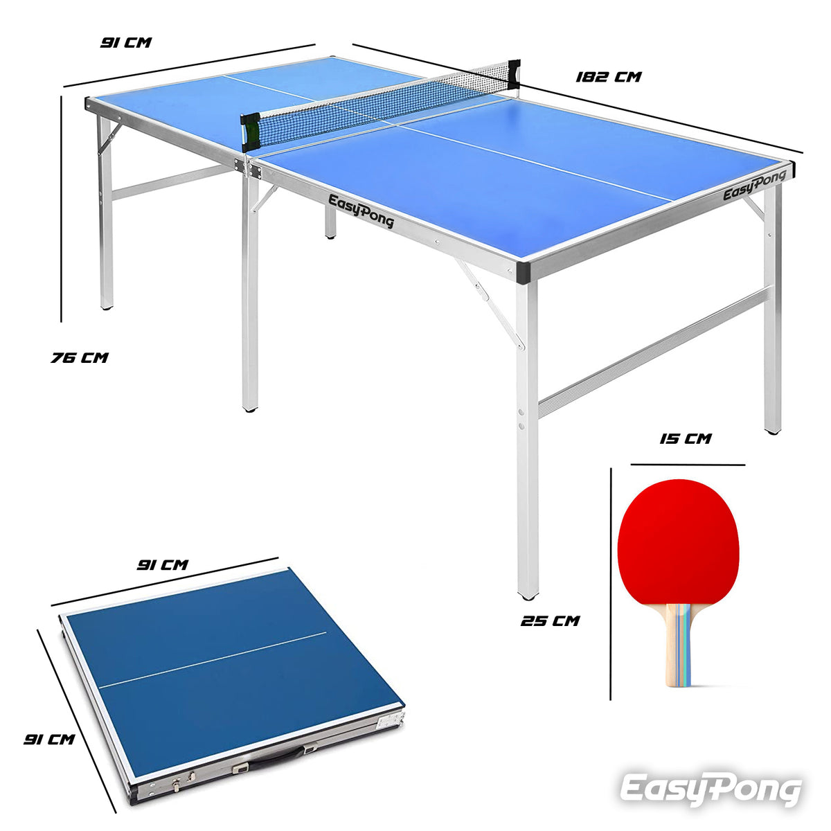 Table de Ping-Pong Pliable EasyPong® Bleu - Format Compact 182 x 91 cm avec Raquettes & Balles