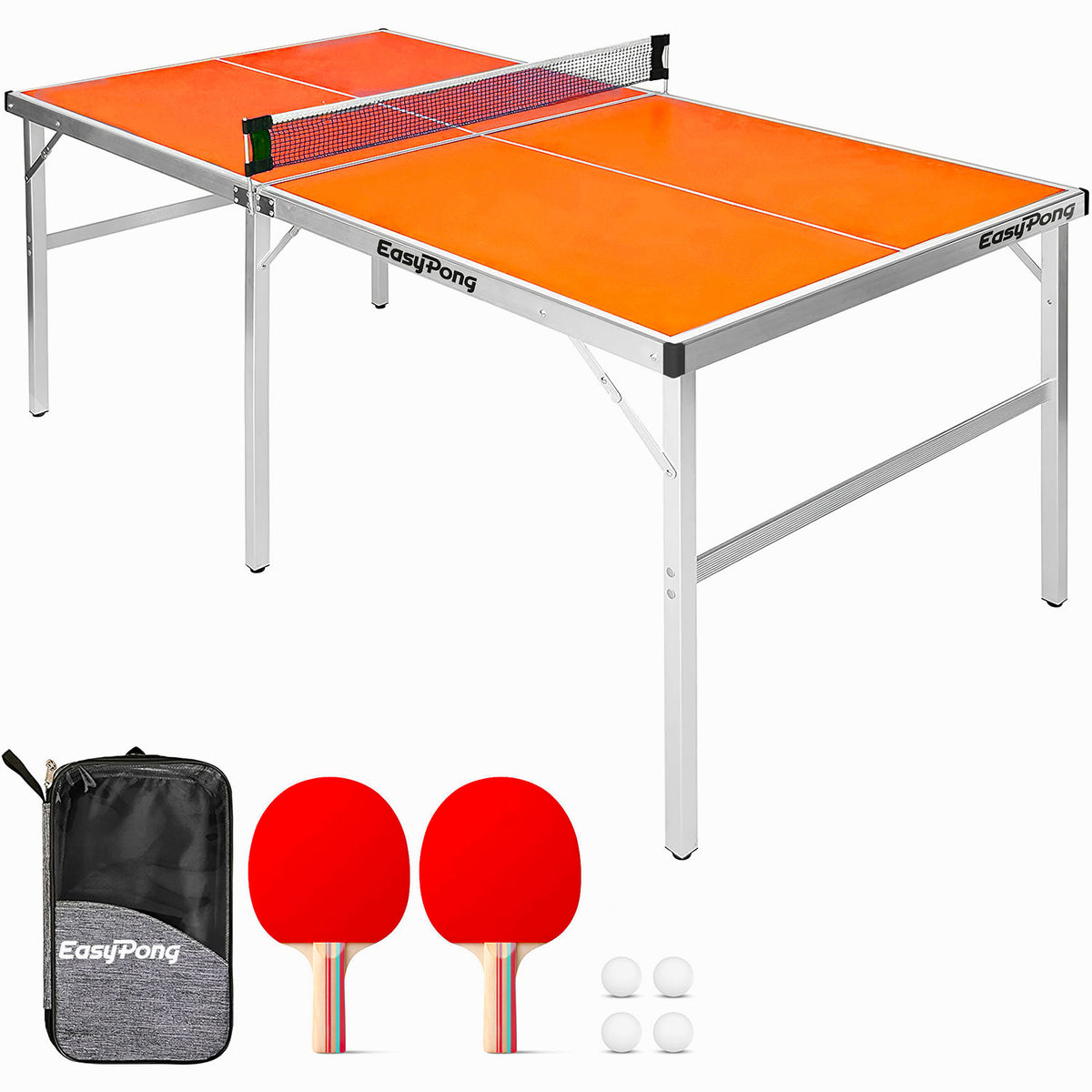 Table de Ping-Pong Pliable EasyPong® Orange - Format Compact 182 x 91 cm avec Raquettes & Balles