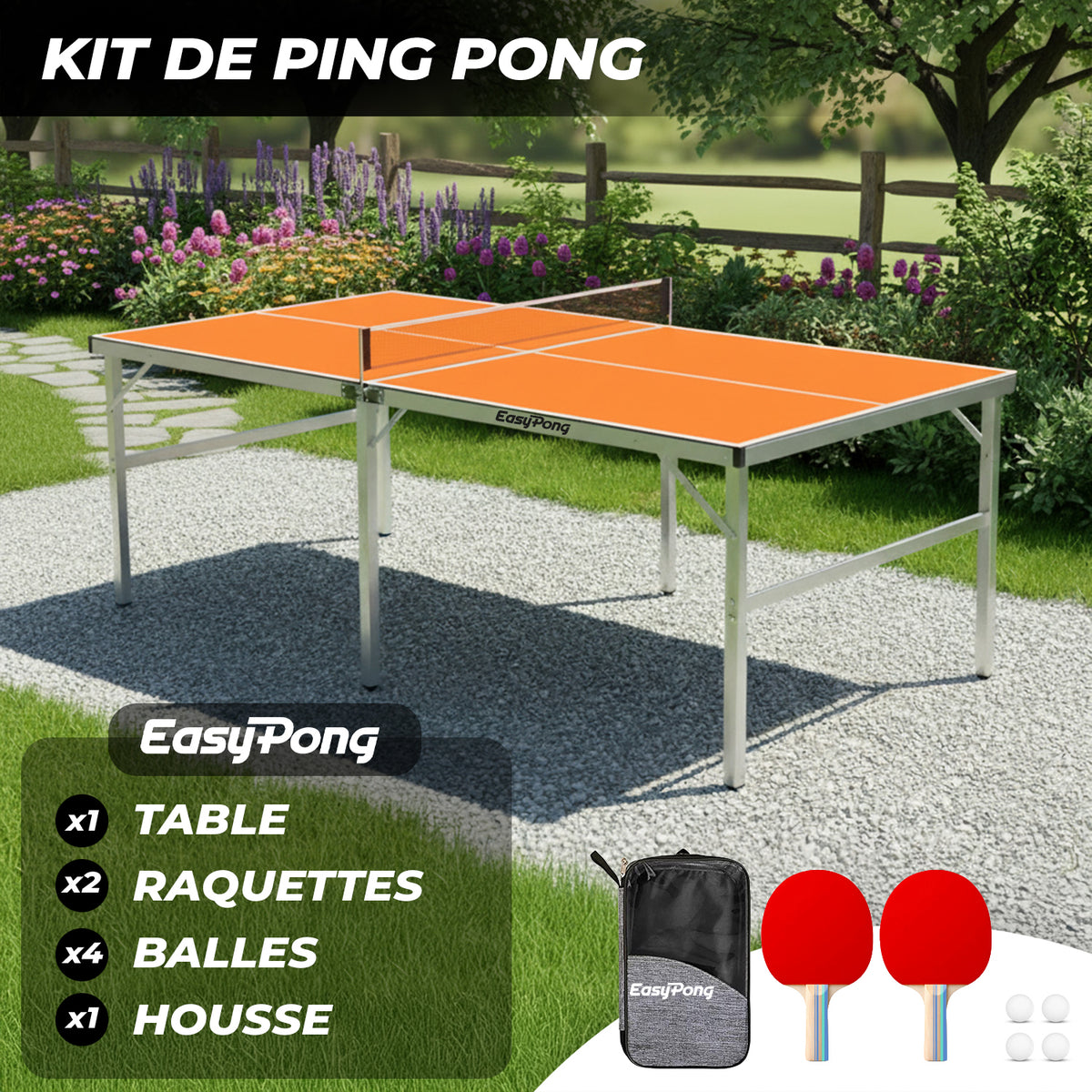 Table de Ping-Pong Pliable EasyPong® Orange - Format Compact 182 x 91 cm avec Raquettes & Balles