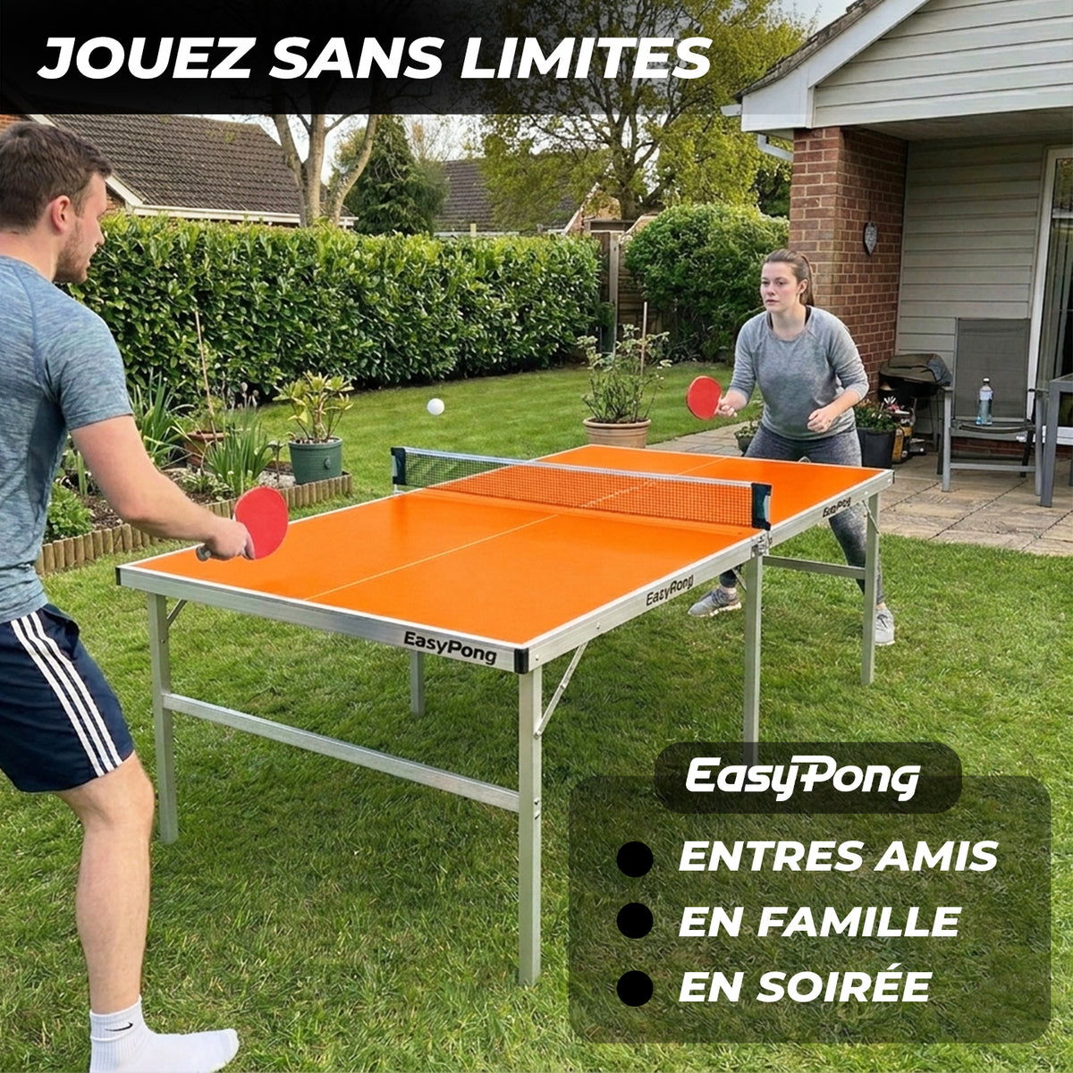 Table de Ping-Pong Pliable EasyPong® Orange - Format Compact 182 x 91 cm avec Raquettes & Balles