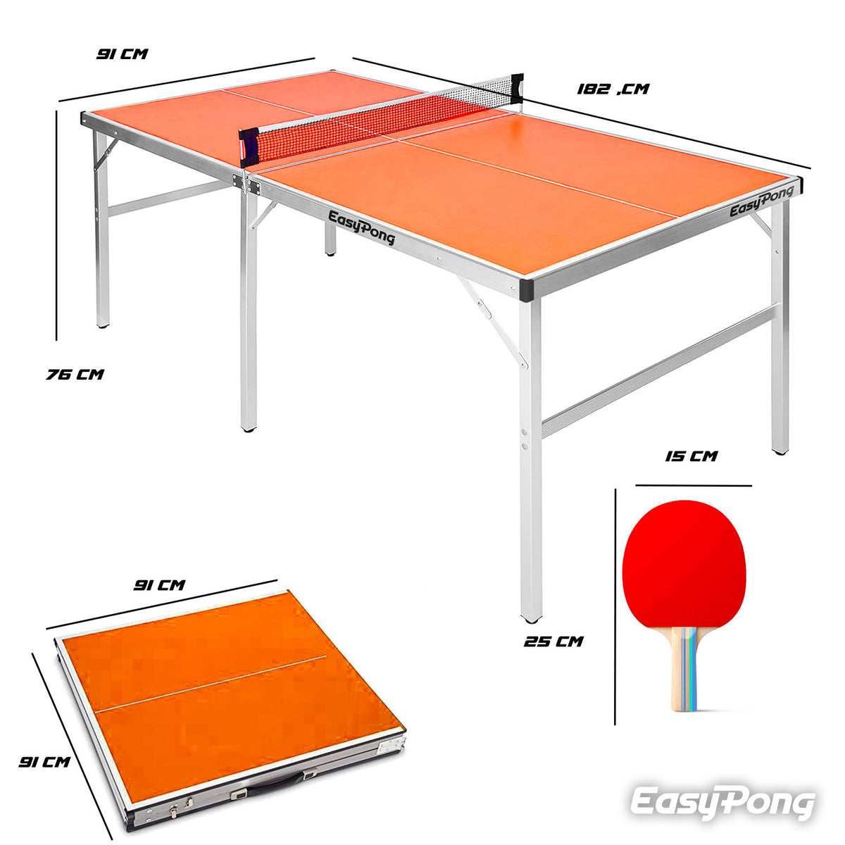 Table de Ping-Pong Pliable EasyPong® Orange - Format Compact 182 x 91 cm avec Raquettes & Balles
