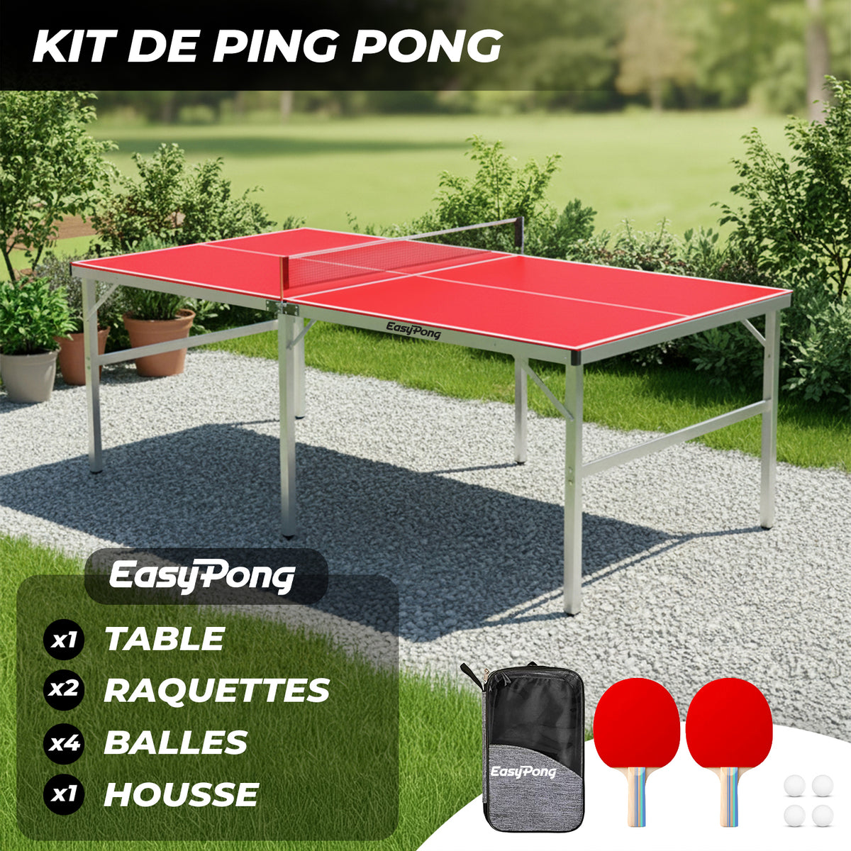 Table de Ping-Pong Pliable EasyPong® Rouge - Format Compact 182 x 91 cm avec Raquettes & Balles