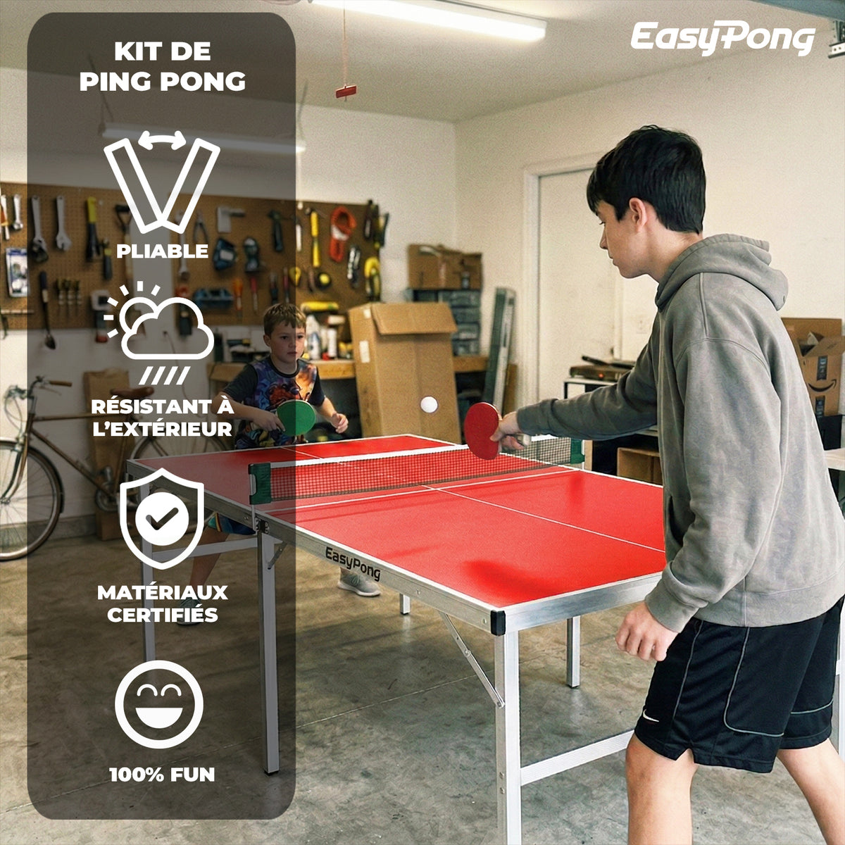 Table de Ping-Pong Pliable EasyPong® Rouge - Format Compact 182 x 91 cm avec Raquettes & Balles
