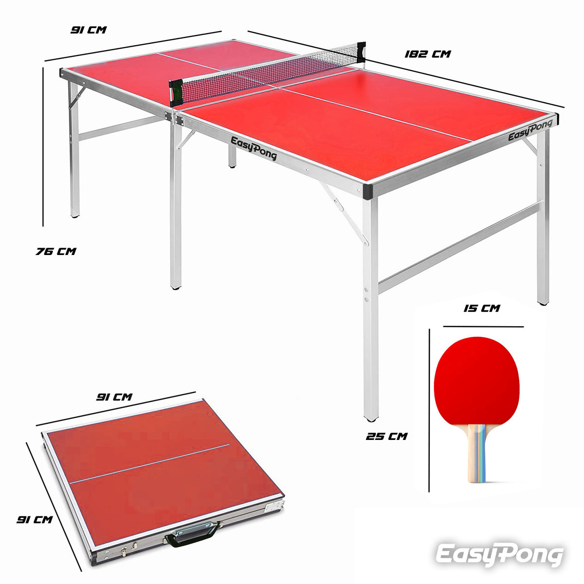 Table de Ping-Pong Pliable EasyPong® Rouge - Format Compact 182 x 91 cm avec Raquettes & Balles