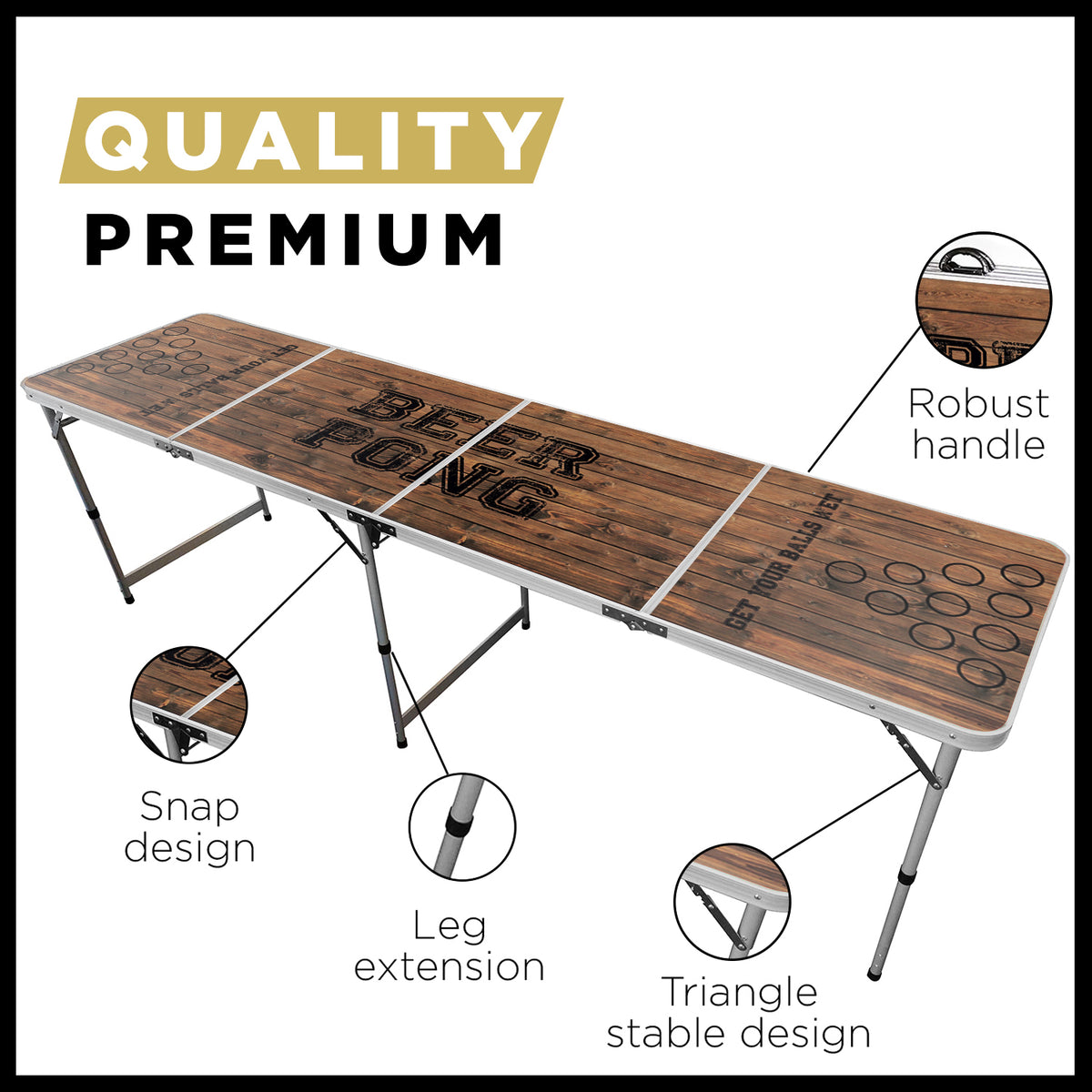 Table de Beer Pong Old School Motif Bois Vintage - Format Officiel Pliable en 4 avec Poignée