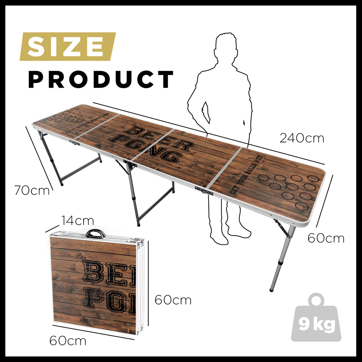 Table de Beer Pong Old School Motif Bois Vintage - Format Officiel Pliable en 4 avec Poignée