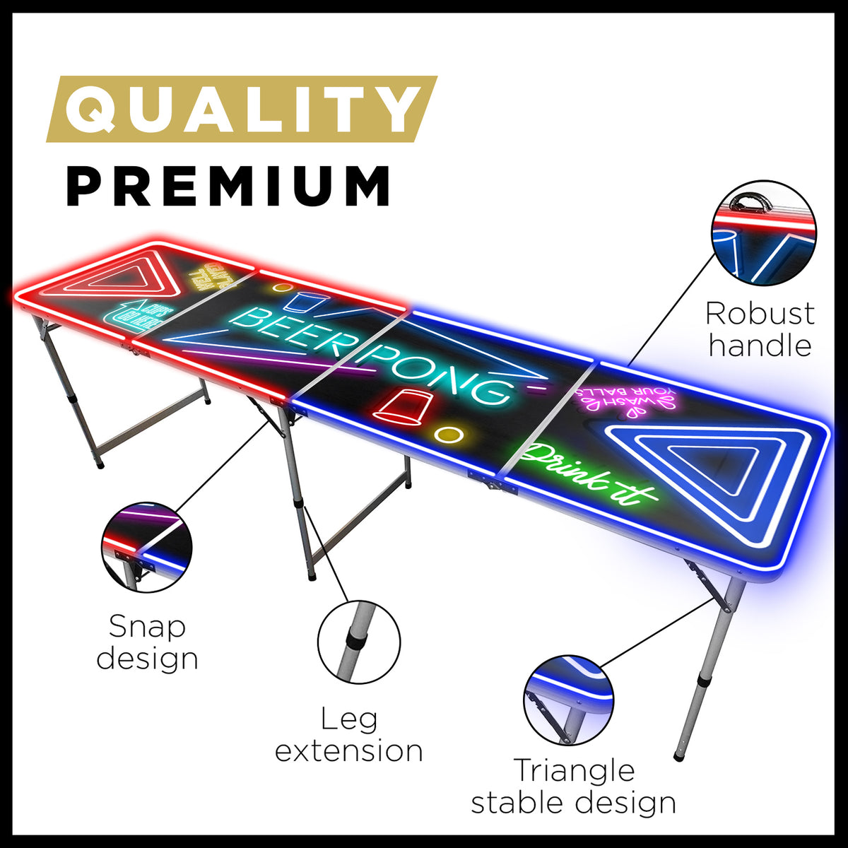 Table de Beer Pong Lumineuse Spotlight avec Néons LED - Format Officiel Pliable en 4