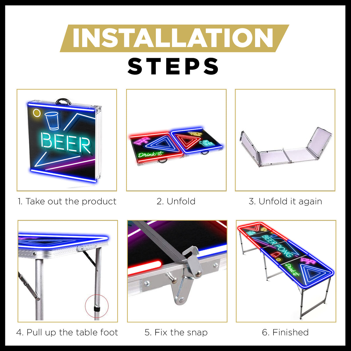 Table de Beer Pong Lumineuse Spotlight avec Néons LED - Format Officiel Pliable en 4