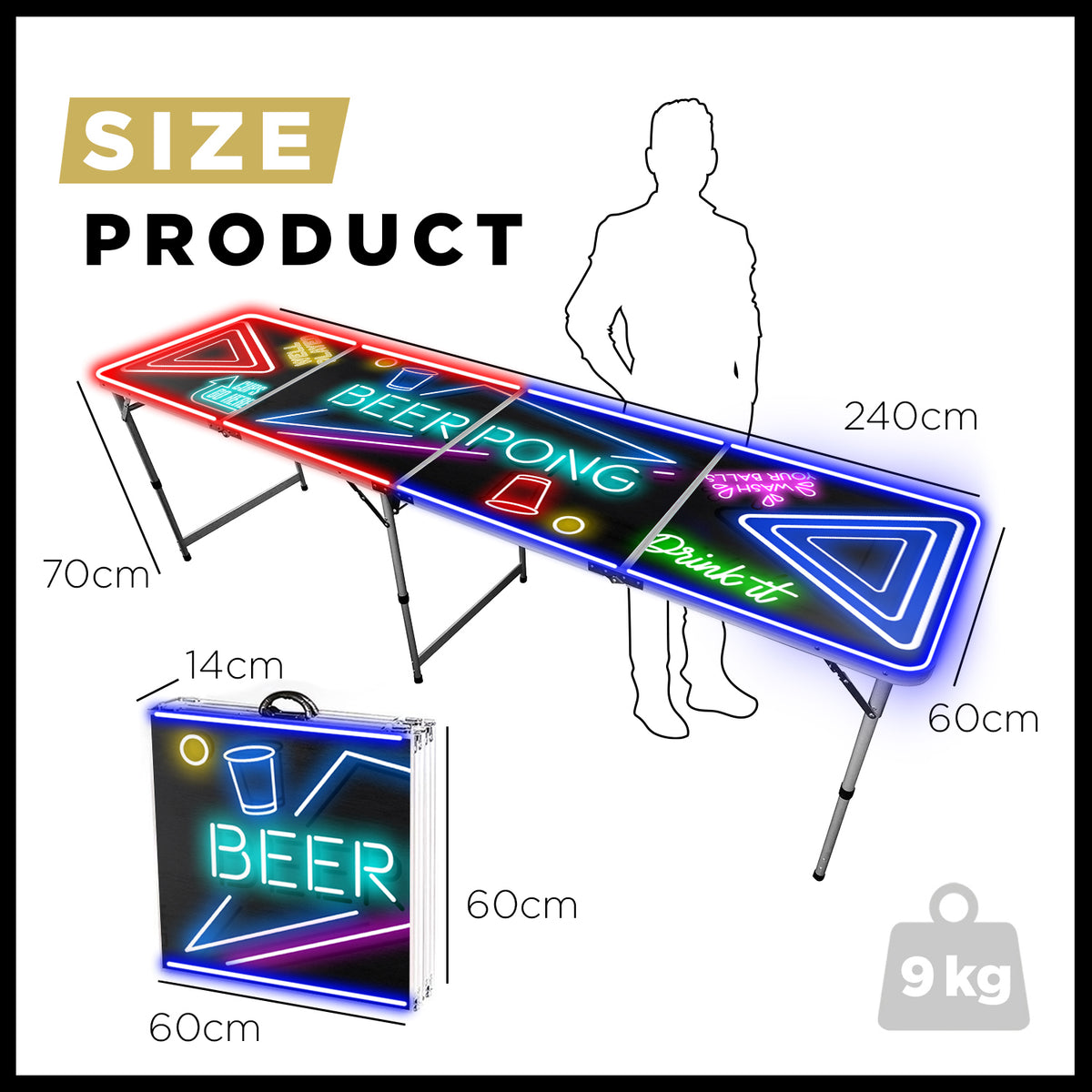 Table de Beer Pong Lumineuse Spotlight avec Néons LED - Format Officiel Pliable en 4