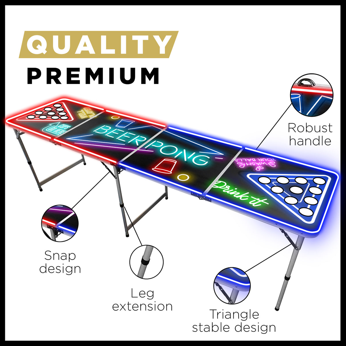 Table de Beer Pong Lumineuse SpotlightHoles avec Trous Anti-Renversement & Néons LED