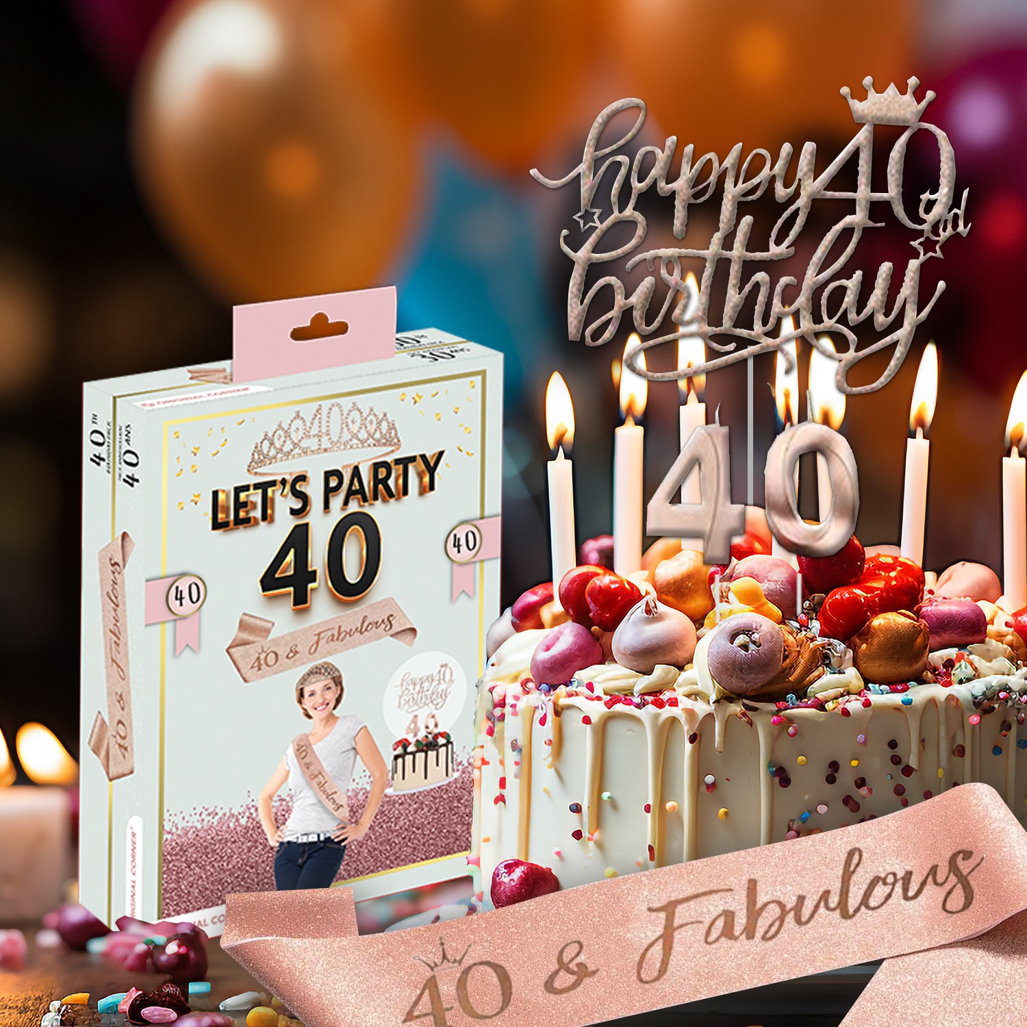 Kit Anniversaire 40 Ans – Écharpe, Diadème, Bougies & Topper
