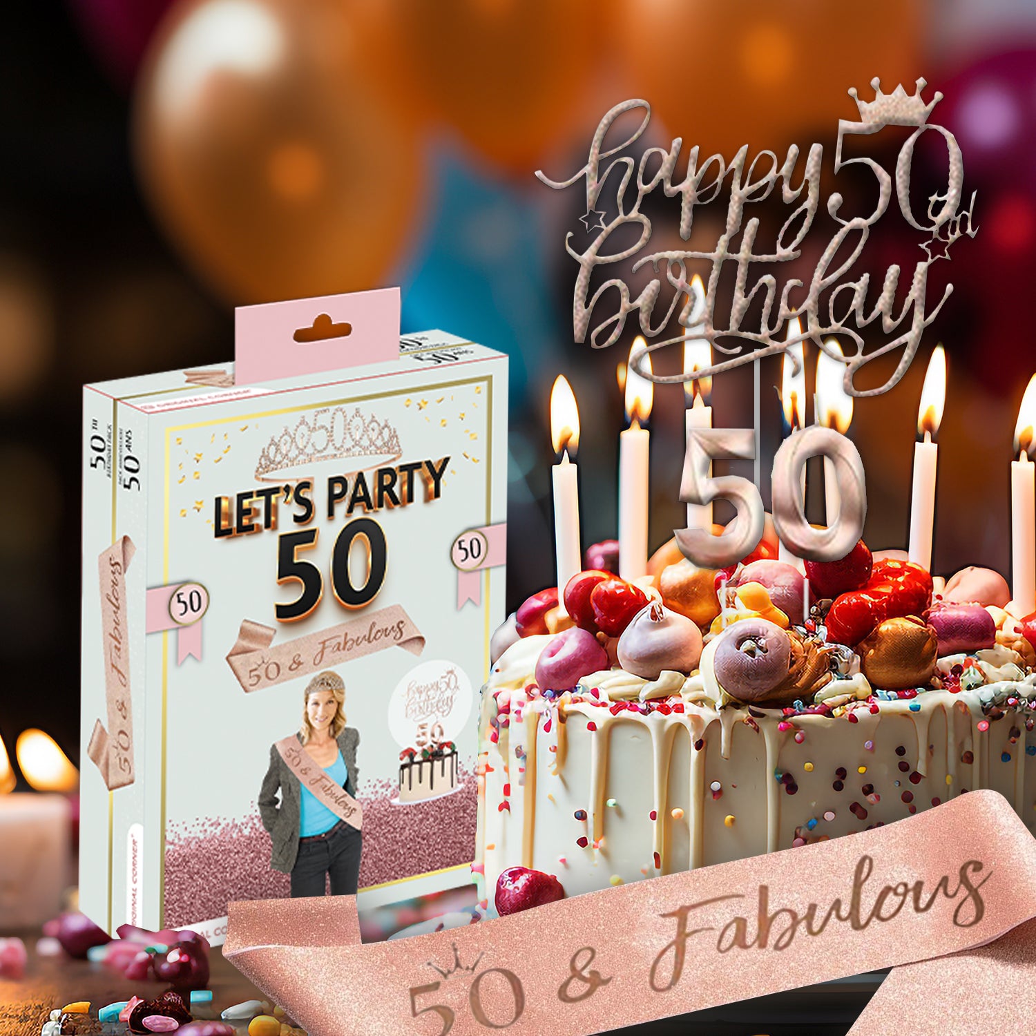Kit Anniversaire 50 Ans – Écharpe, Diadème, Bougies & Topper