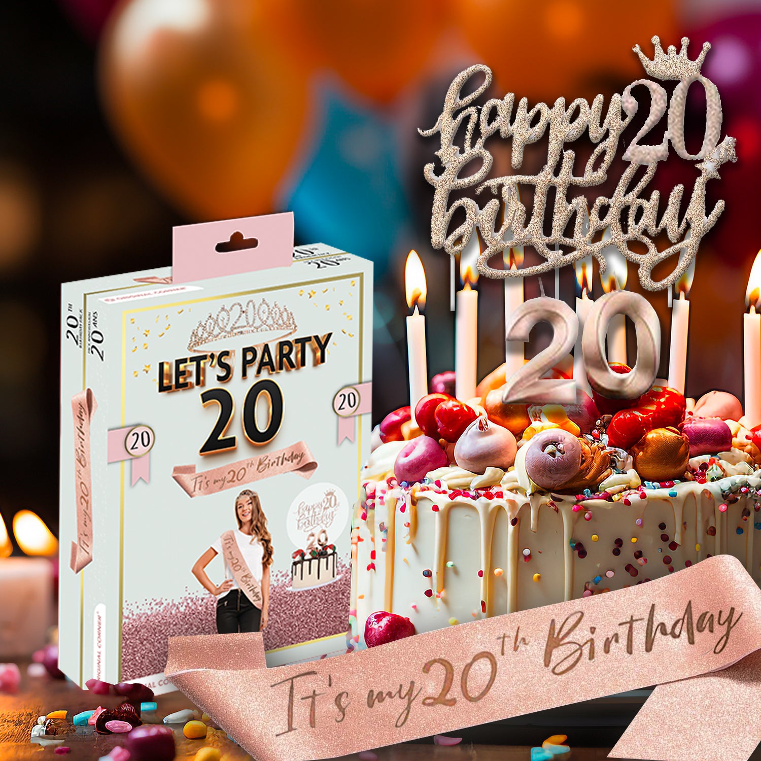 Kit Anniversaire 20 Ans – Écharpe, Diadème, Bougies & Topper
