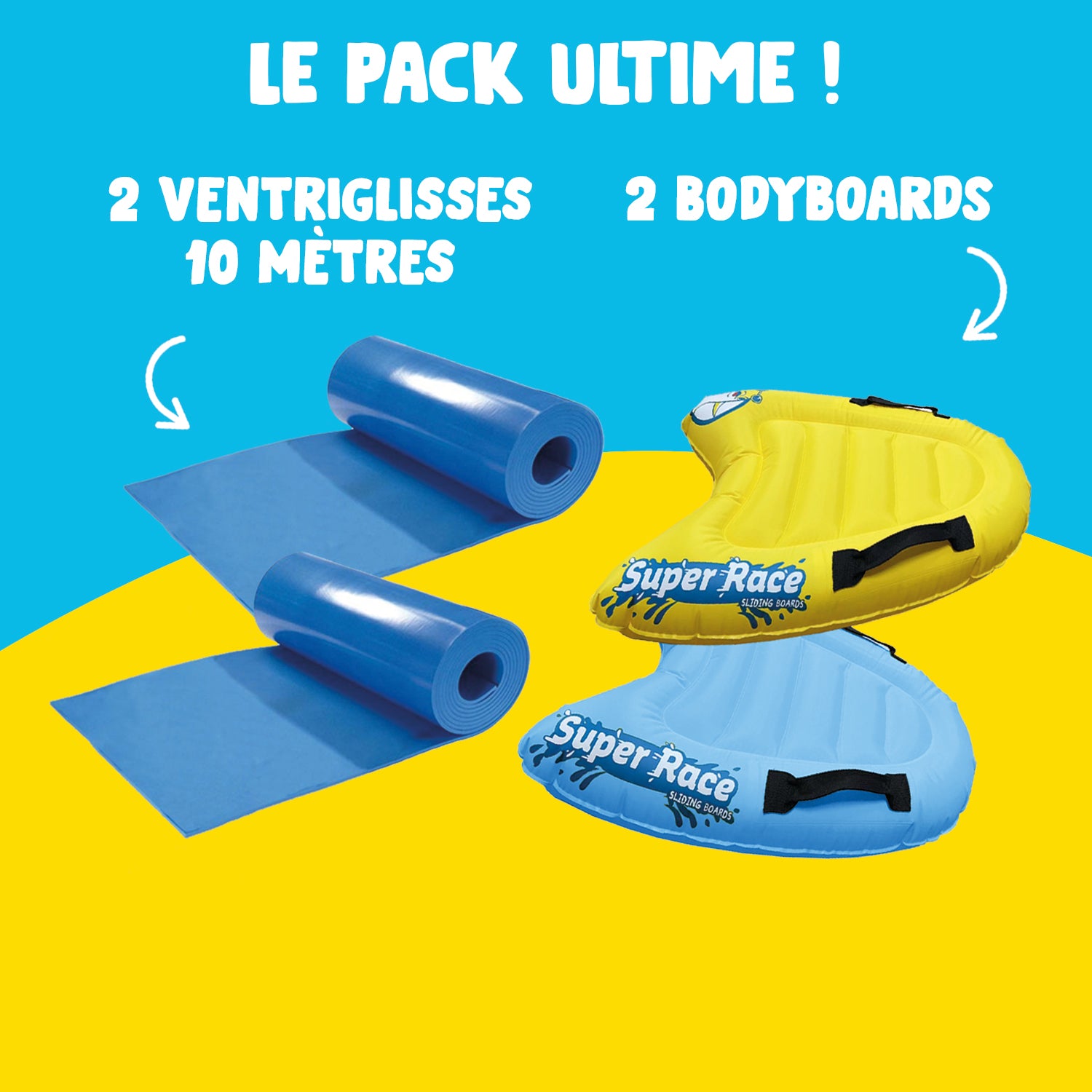 Pack Ventriglisse - 2 Tapis de Glisse 10 Mètres + 2 Planches Bodyboards pour mieux Glisser